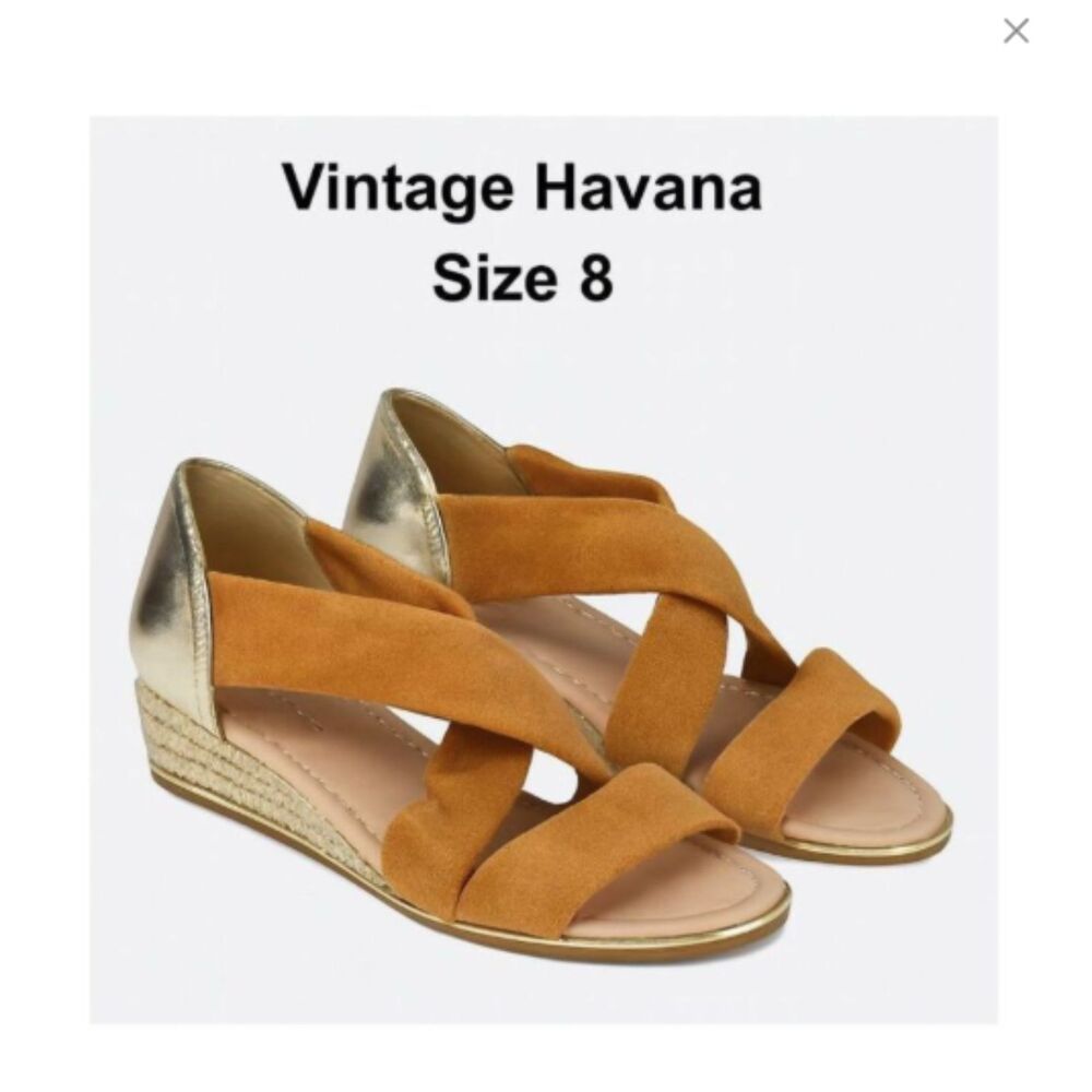 NWOB Vintage Havana Wedge Sandals Cognac w/ Gold Heel Espadrille Platform Size 8
